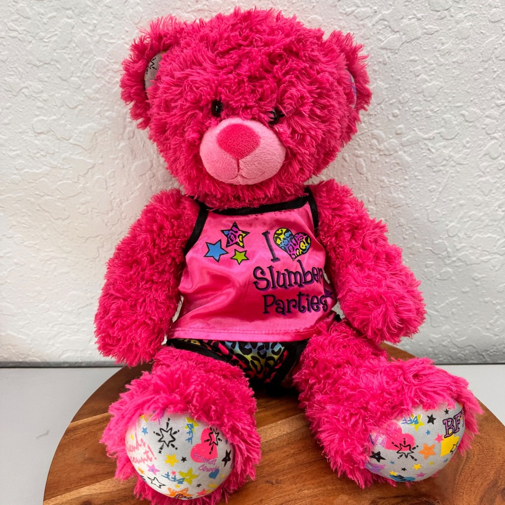 Build-A-Bear Workshop Hot Pink Teddy Bear Slumber Party Rainbow Leopard 16 In